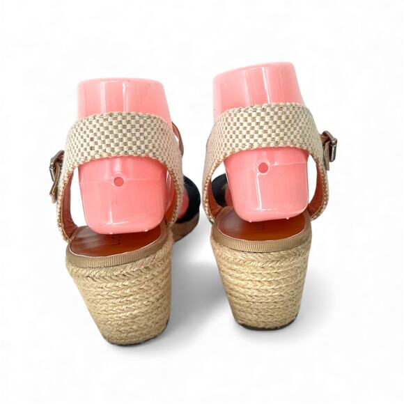 LUCKY BRAND Black Canvas & Jute Open Toe Wedges 9 Coastal Boho Neutral Twee - Picture 4 of 9